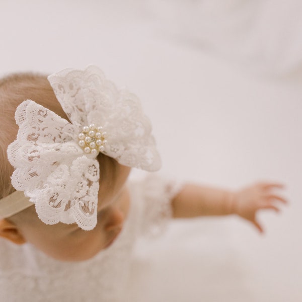 Baby Girl Christening Headband, Flower Girl Bow Headband, Boho White Lace Headpiece