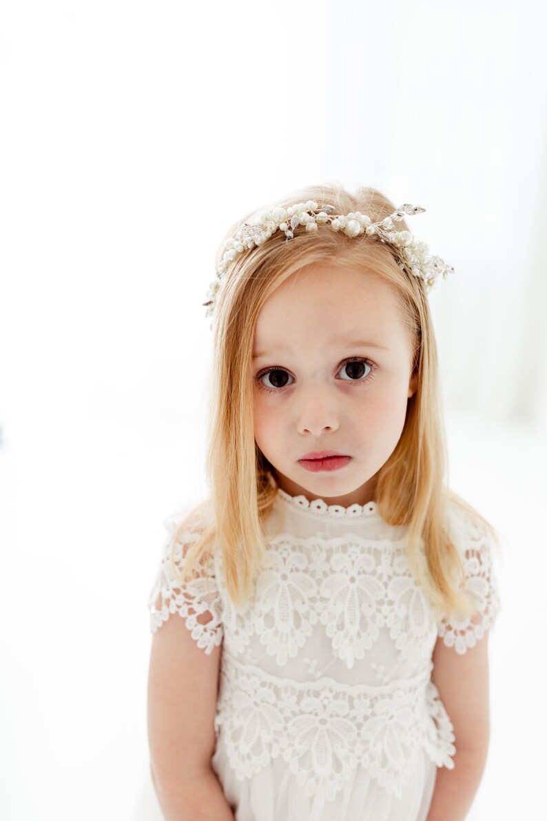 Sienna Bohemian Flower Girl Dress in White, Vintage Lace Tulle Gown, Rustic Wedding Dress for Girls, Toddler Princess Dresses image 9