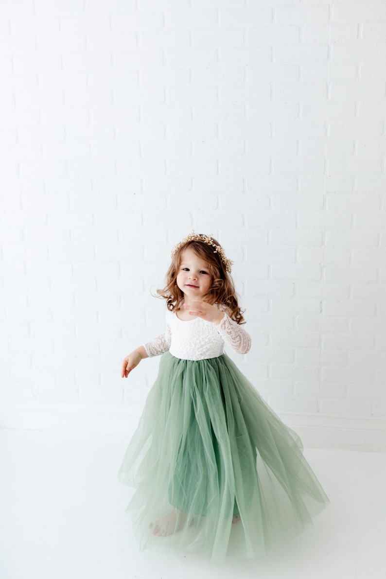 Dusty Sage Mint Green Long Sleeve Wedding Gown Boho Chic Beach Fern Eucalyptus Seagrass Floor Length White Lace Flower Girl Dress