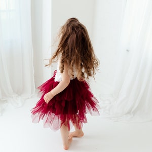 Puede incluir: Una ni&ntilde;a peque&ntilde;a con una parte superior de encaje blanco y una falda de tul burdeos en capas. La ni&ntilde;a se ve de espaldas, con cabello casta&ntilde;o largo y suelto. La falda tiene m&uacute;ltiples capas, creando una apariencia completa y esponjosa. El fondo es blanco brillante.