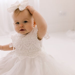 Lace Christening Gown, White Baptism Dress, White Flower Girl Dress, Boho Linen Christening Dress image 3