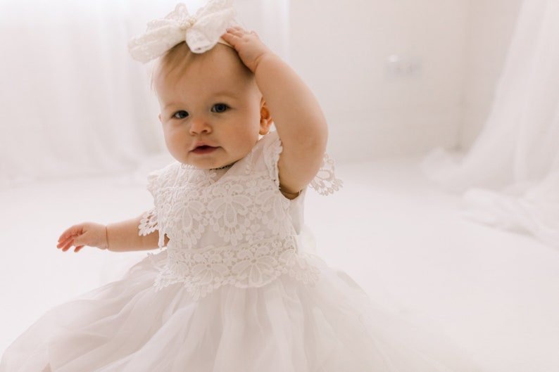 Lace Christening Gown, White Baptism Dress, White Flower Girl Dress, Boho Linen Christening Dress image 3