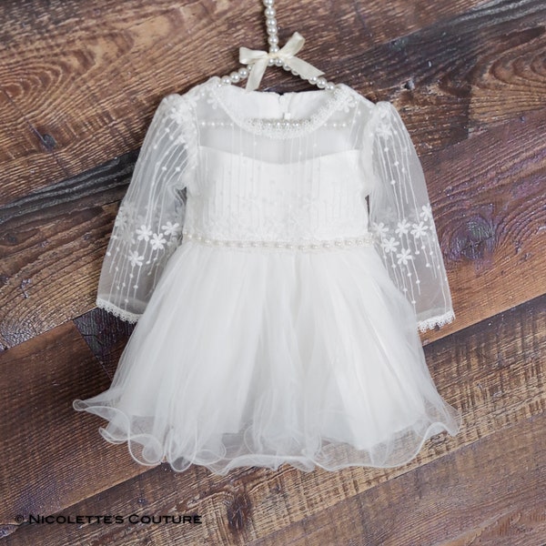 White Tulle Christening Gown, Infant Baptism Dress, Long Sleeve Baby Boho Dress, Flower Girl