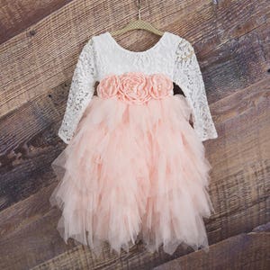 White Lace Flower Girl Dress, Blush Pink Tulle, Long Sleeve Wedding dress, Romantic Boho Dress image 1