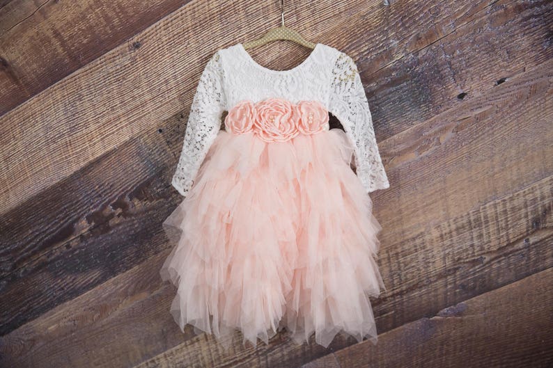 White Lace Flower Girl Dress, Blush Pink Tulle, Long Sleeve Wedding dress, Romantic Boho Dress image 1