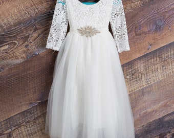 Romantic Tulle Flower Girl Dress,  Long Sleeve Wedding Dress, Beach Wedding Dress