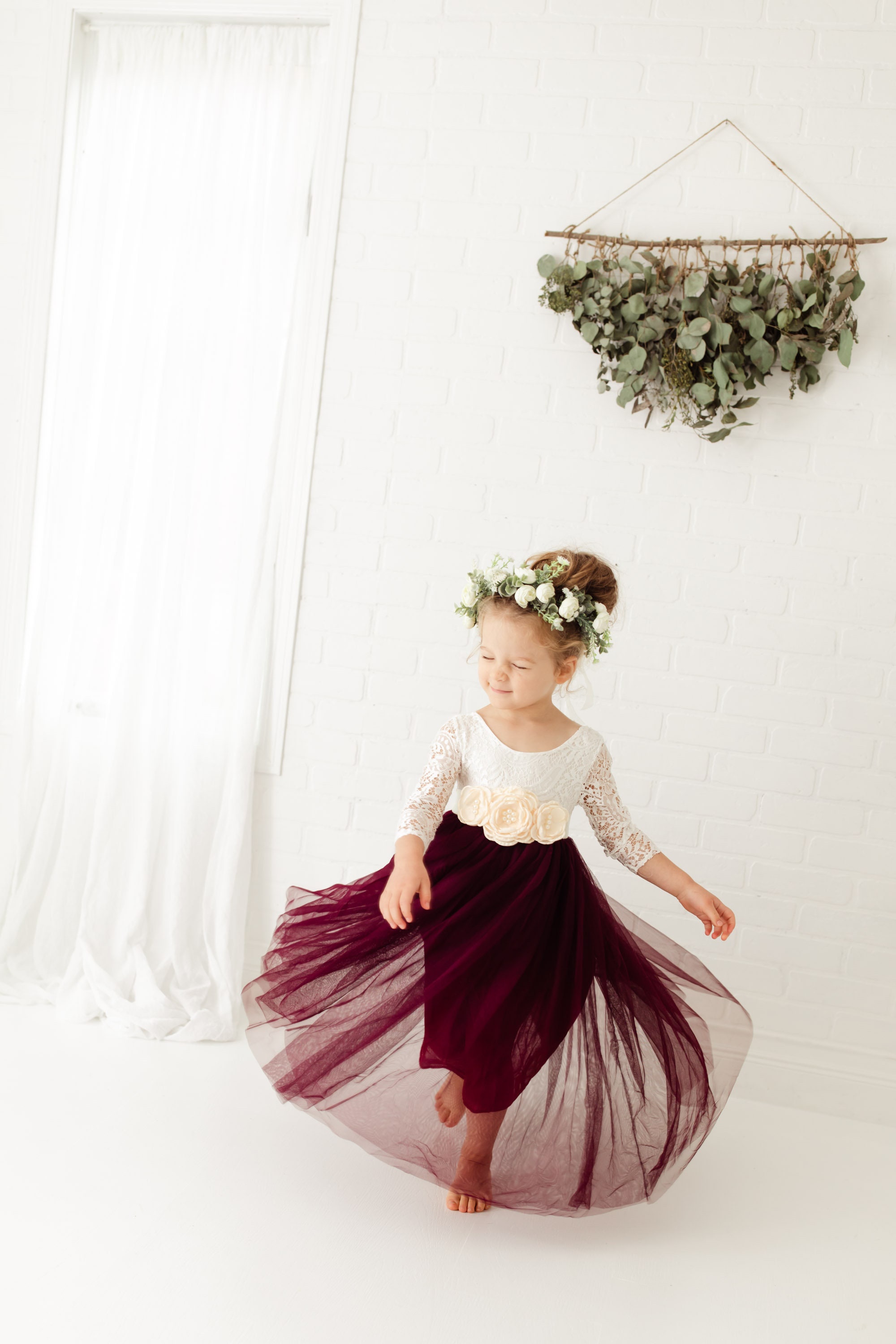 Burgundy Flower Girl Dress White Lace ...