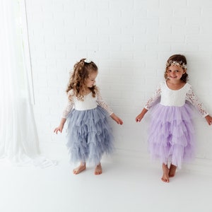 Bohemian Lace Flower Girl Dress, Gray Tulle Flower Girl Dress, Dusty Blue Rustic Summer Dress