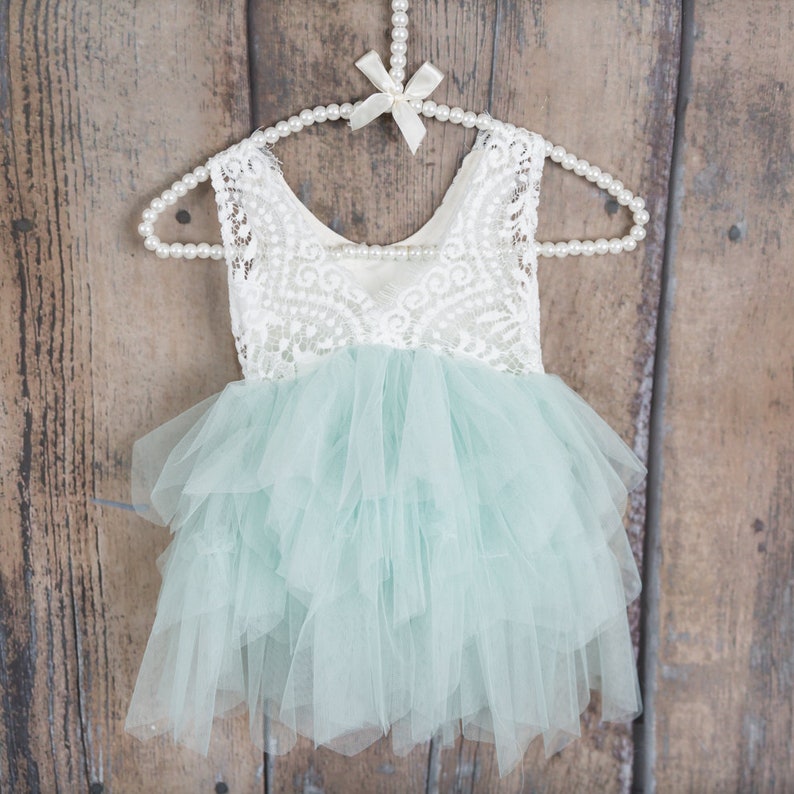 White Lace Flower Girl Dress, Baby Tulle Wedding dress, Mint Green Tutu Dress, Elegant Boho Chic, Couture, Pearl Bead Detail, Shabby Chic image 4