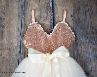 Rose Quartz Sequin Flower Girl Dress, Rose Gold Tulle Birthday Dress for Girls, Simple Princess Party Dress, Toddler Special Occasion Outfit