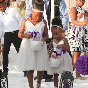 Gray Tulle Flower Girl Dress, Silver sequin Wedding Gown, Silver Glitter, Boho Chic Tutu, Purple Birthday Girl Cake Smash,  Boho Chic Beach