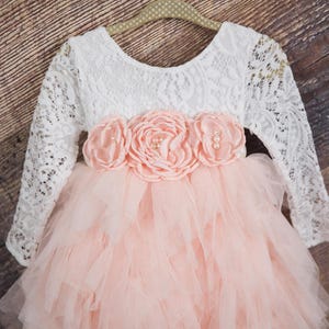 White Lace Flower Girl Dress, Blush Pink Tulle, Long Sleeve Wedding dress, Romantic Boho Dress image 3