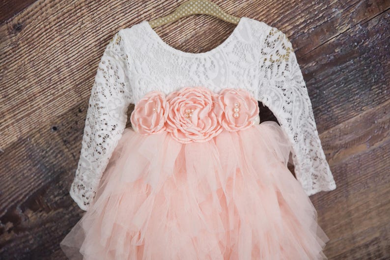 White Lace Flower Girl Dress, Blush Pink Tulle, Long Sleeve Wedding dress, Romantic Boho Dress image 3