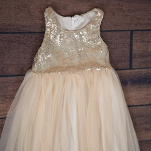 Champagne Gold Flower Girl Dress, Long Sequin Ball Gown, Ivory Beige Boho Lace Dress, Bohemian Beach Wedding Girl Outfit image 4