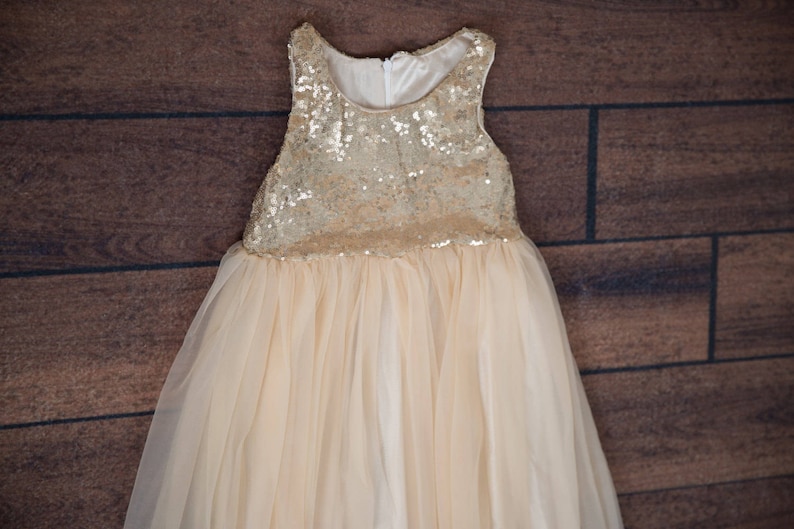 Champagne Gold Flower Girl Dress, Long Sequin Ball Gown, Ivory Beige Boho Lace Dress, Bohemian Beach Wedding Girl Outfit image 4