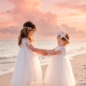 Sienna Bohemian Flower Girl Dress in White, Vintage Lace Tulle Gown, Rustic Wedding Dress for Girls, Toddler Princess Dresses image 6