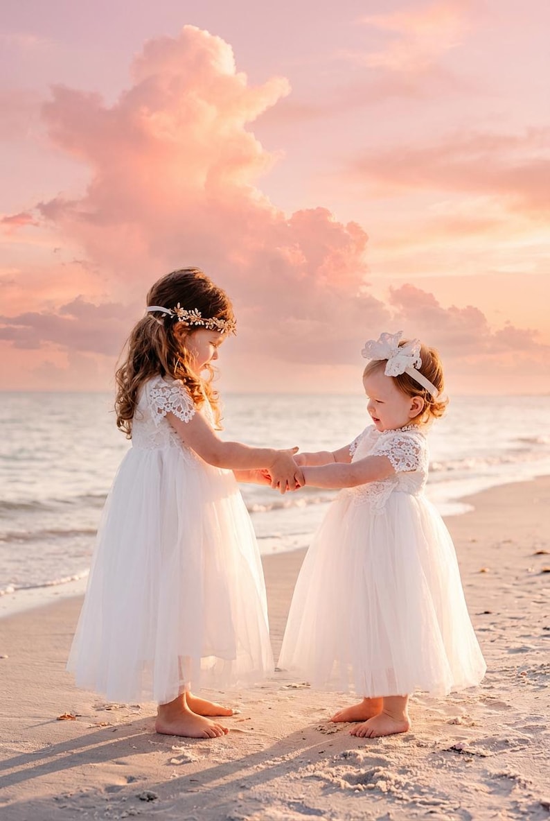 Sienna Bohemian Flower Girl Dress in White, Vintage Lace Tulle Gown, Rustic Wedding Dress for Girls, Toddler Princess Dresses image 6