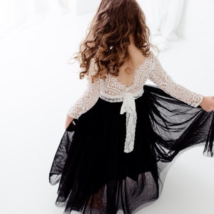 Black Tulle Flower Girl Dress, White Lace Bodice, Floor Length Ball Gown, Rhinestone Sash, Boho Winter Wedding Dress image 8