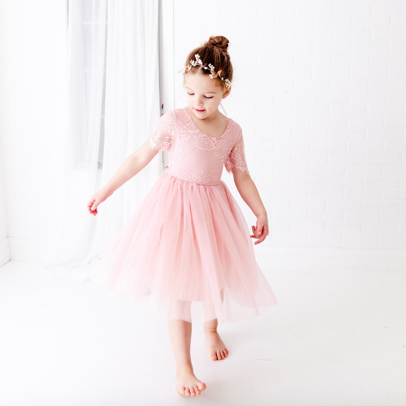 Pode incluir: Uma menina pequena vestindo um vestido de tule rosa com um corpete de renda e uma coroa de flores. Ela est&aacute; em p&eacute; em um fundo branco e sorrindo.