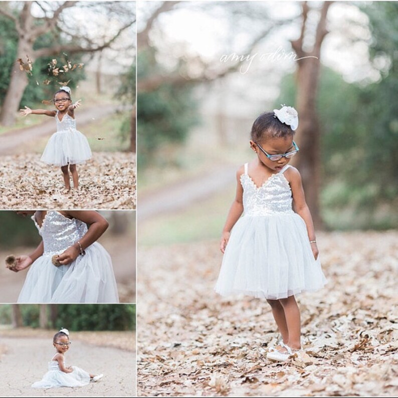 Vestido de niña de flores de lentejuelas plateadas, vestidos de niña de flores de tul blanco para niños pequeños, vestido de novia de playa. ava imagen 5