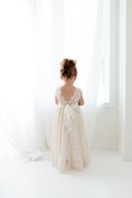 Boho Lace Flower Girl Dress, Cream Tulle Wedding Dress for Girls, Beach Rustic Bohemian Junior Bridesmaid Gown