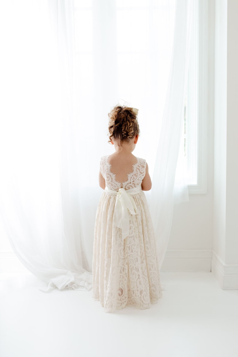 Boho Lace Flower Girl Dress, Cream Tulle Wedding Dress for Girls, Beach Rustic Bohemian Junior Bridesmaid Gown image 1