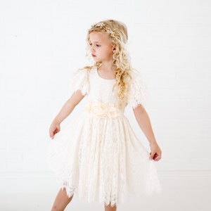 Ivory Cream Boho Flower Girl Dress, Rustic Vintage Style Wedding Dress for Girls, Lace Toddler Gown, Bohemian Ceremony Outfit image 6