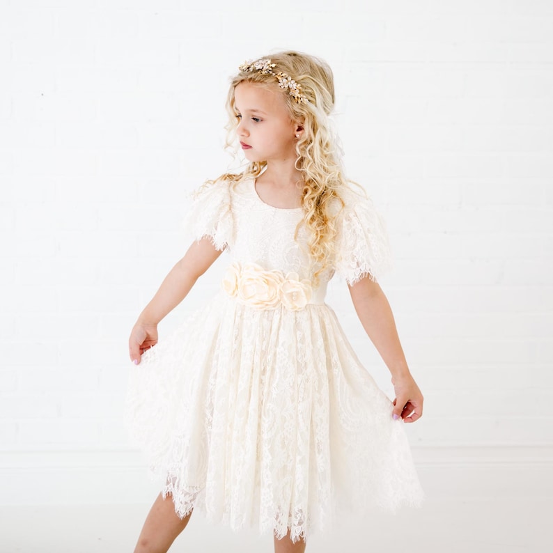 Ivory Cream Boho Flower Girl Dress, Rustic Vintage Style Wedding Dress for Girls, Lace Toddler Gown, Bohemian Ceremony Outfit image 6