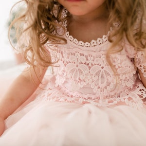 Rustic Lace Flower Girl Dress, Blush Pink Boho Wedding Dress for Girls, Rose Gold Tulle Junior Bridesmaid Gown image 5