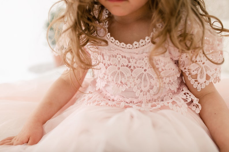 Rustic Lace Flower Girl Dress, Blush Pink Boho Wedding Dress for Girls, Rose Gold Tulle Junior Bridesmaid Gown image 5