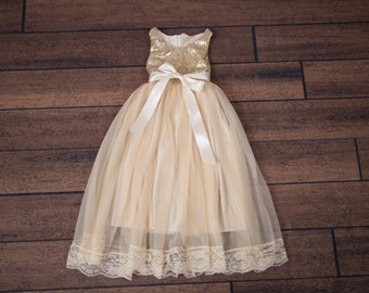Champagne Cream Flower Girl Dress, Gold Sequin Long Floor Length Wedding Ball Gown, Rustic Barn Wedding