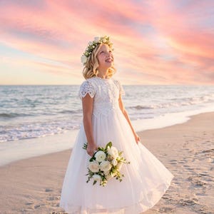 Boho White Sienna Flower Girl Dress, Romantic Lace Tulle Dress for Girls, Bohemian Junior Bridesmaid Dress, Rustic Wedding Outfit image 4