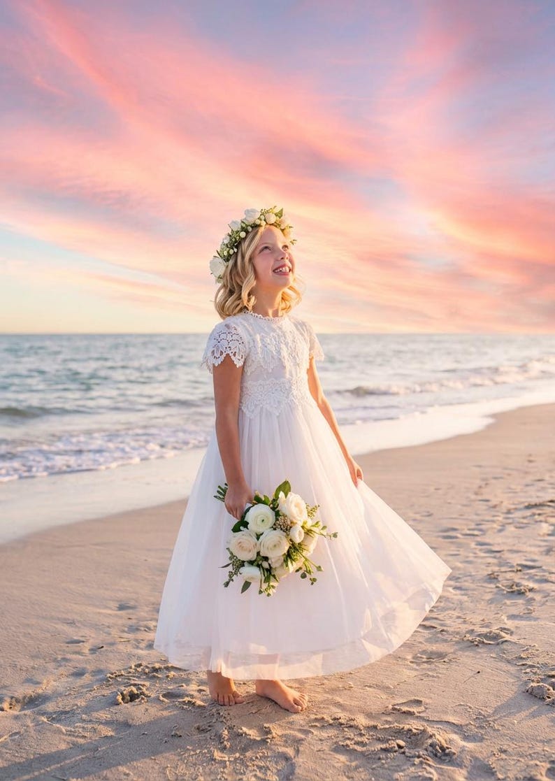 Boho White Sienna Flower Girl Dress, Romantic Lace Tulle Dress for Girls, Bohemian Junior Bridesmaid Dress, Rustic Wedding Outfit image 4