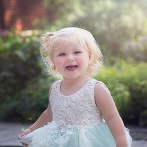 White Lace Flower Girl Dress, Baby Tulle Wedding dress, Mint Green Tutu Dress, Elegant Boho Chic, Couture, Pearl Bead Detail, Shabby Chic