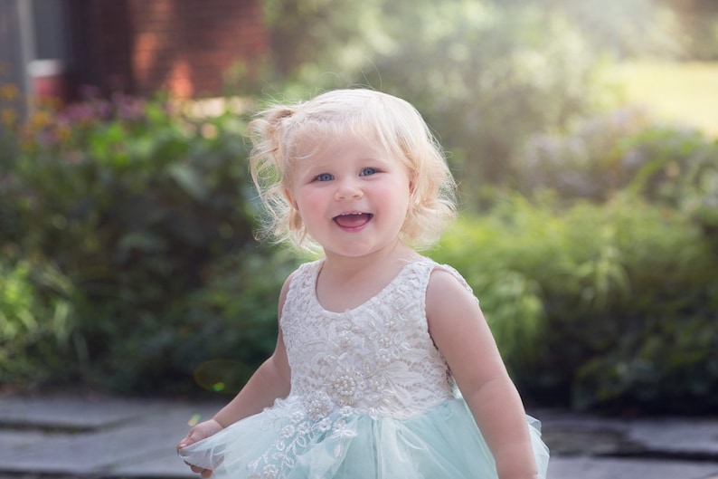 White Lace Flower Girl Dress, Baby Tulle Wedding dress, Mint Green Tutu Dress, Elegant Boho Chic, Couture, Pearl Bead Detail, Shabby Chic image 1