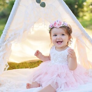 Blush Tulle Flower Girl Dress, Lace Boho Chic Dress, Unique Beach Wedding Dress image 2