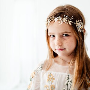 Lavelle Gold Floral Wedding Headband, Flower Girl Halo Crown, Rhinestone Baby Headband, Bohemian Greek Goddess Headpiece image 9