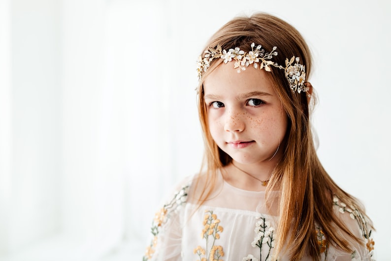 Lavelle Gold Floral Wedding Headband, Flower Girl Halo Crown, Rhinestone Baby Headband, Bohemian Greek Goddess Headpiece image 9