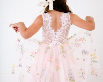 Blush Boho Flower Girl Dress Pink Blossom, Vintage Lace Tulle Gown for Girls, Embroidered Floral Butterfly Wedding Dress