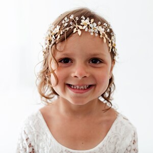 Lavelle Gold Floral Wedding Headband, Flower Girl Halo Crown, Rhinestone Baby Headband, Bohemian Greek Goddess Headpiece image 3