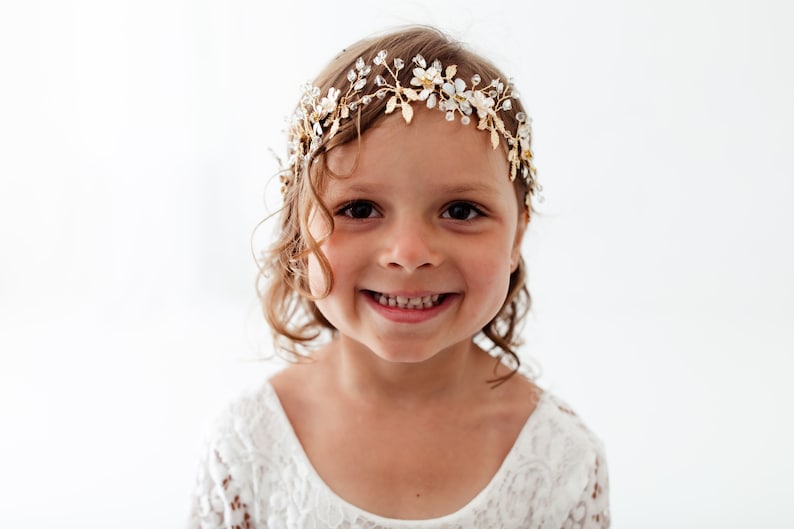Lavelle Gold Floral Wedding Headband, Flower Girl Halo Crown, Rhinestone Baby Headband, Bohemian Greek Goddess Headpiece image 3