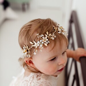 Lavelle Gold Floral Wedding Headband, Flower Girl Halo Crown, Rhinestone Baby Headband, Bohemian Greek Goddess Headpiece image 7