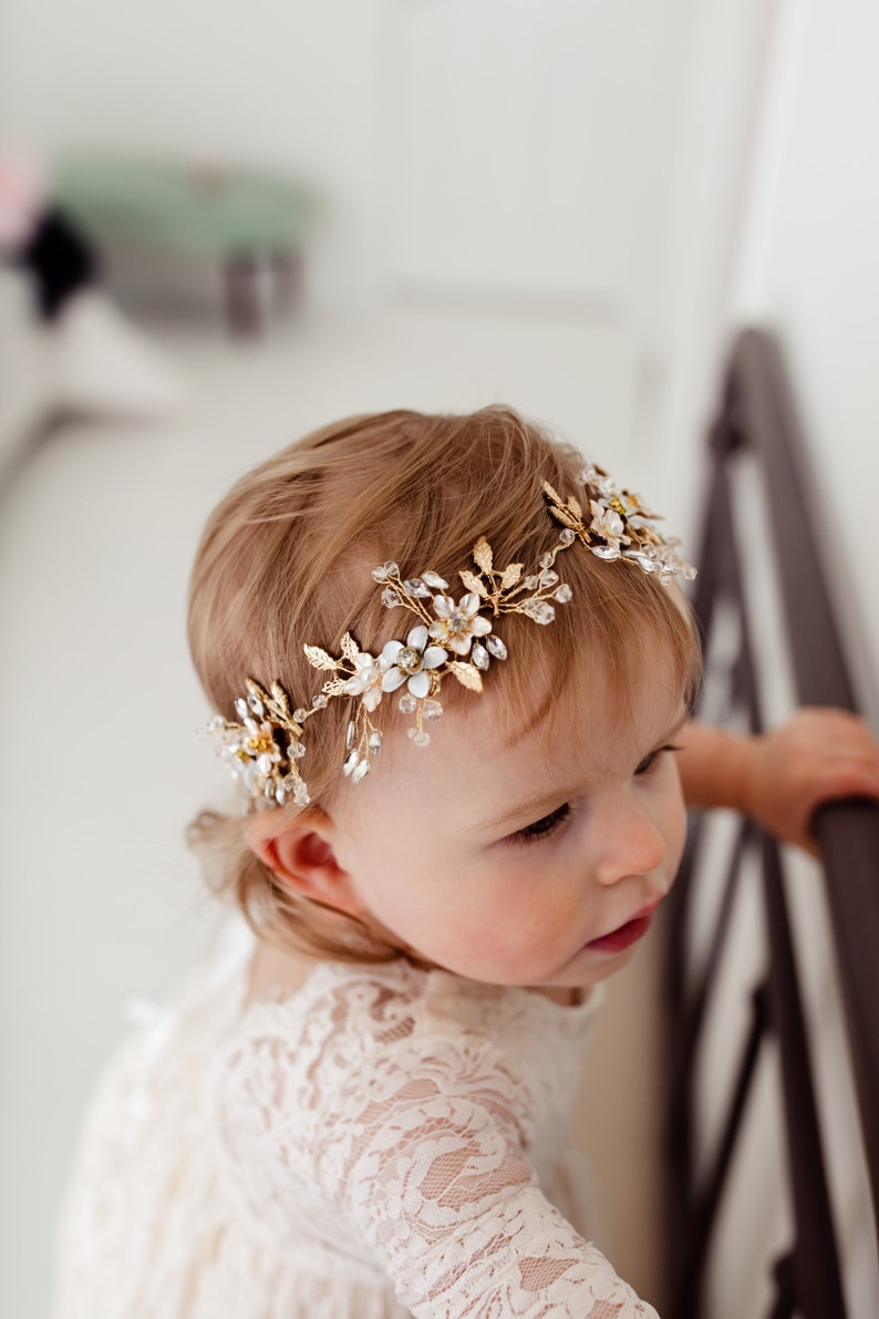 Lavelle Gold Floral Wedding Headband, Flower Girl Halo Crown, Rhinestone Baby Headband, Bohemian Greek Goddess Headpiece image 7