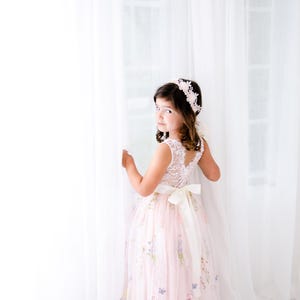 Blush Boho Flower Girl Dress Pink Blossom, Vintage Lace Tulle Gown for Girls, Embroidered Floral Butterfly Wedding Dress image 7