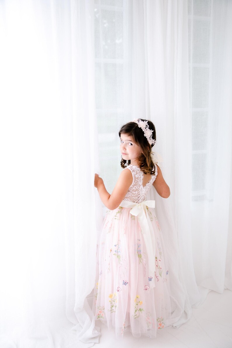 Blush Boho Flower Girl Dress Pink Blossom, Vintage Lace Tulle Gown for Girls, Embroidered Floral Butterfly Wedding Dress image 7