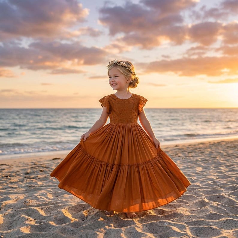 Roestkleurige kanten bloemenmeisjesjurk, gebrandoranje terracotta trouwjurk voor meisjes, boho outfit junior bruidsmeisje afbeelding 1