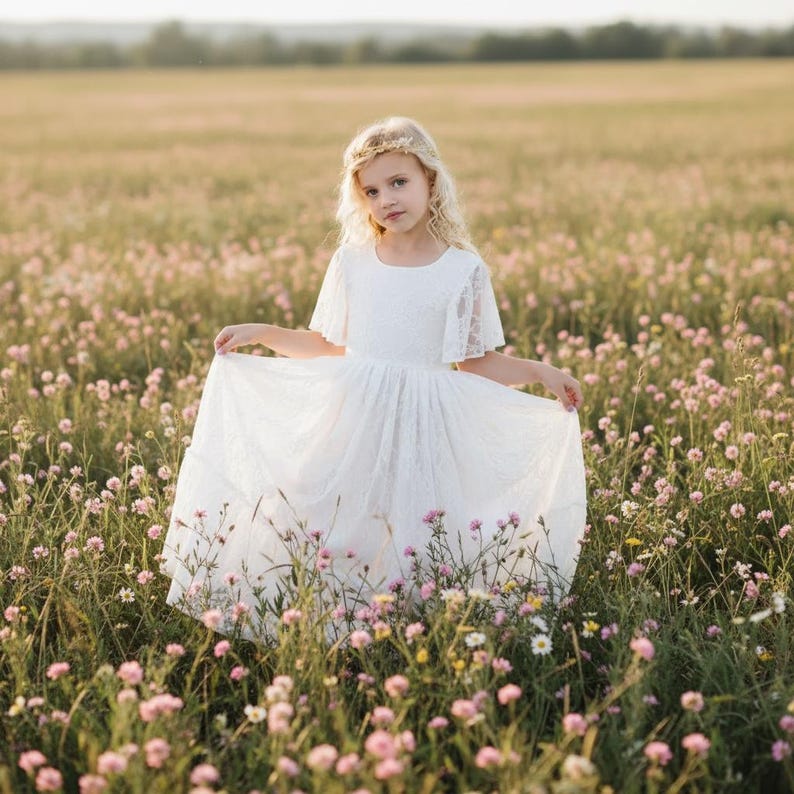 Biała sukienka dla dziewczynki sypiącej kwiaty w stylu boho, koronkowa sukienka plażowa w stylu vintage dla dziewczynek, strój dla młodej druhny na specjalne okazje zdjęcie 10