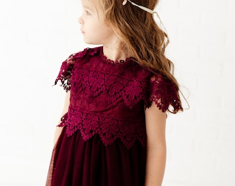 Boho Girls Wine Lace Dress, Romantic Burgundy Gown, Elegant Maroon Flower Girl Dress For Baby Girl