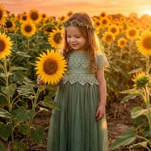 May include: A sage green dress featuring a lace bodice with short sleeves and a layered tulle skirt. The dress is worn with a green leaf crown, and the garment is positioned in a field of yellow sunflowers under a sunset sky.