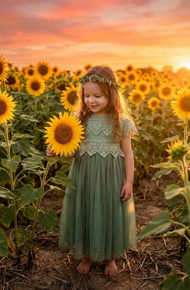 May include: A sage green dress featuring a lace bodice with short sleeves and a layered tulle skirt. The dress is worn with a green leaf crown, and the garment is positioned in a field of yellow sunflowers under a sunset sky.